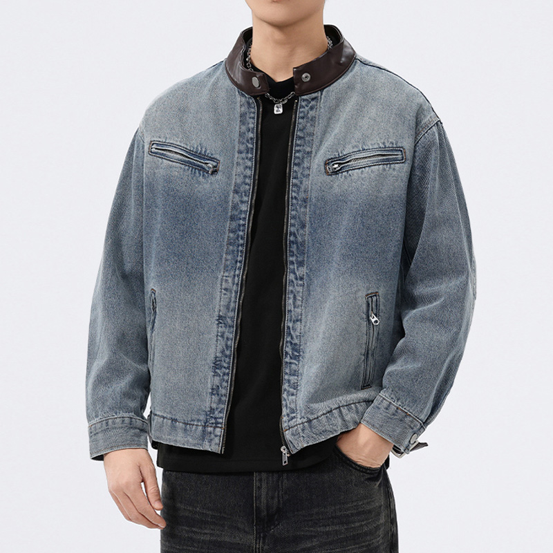 Vintage Fashion Jeans - Standı Deri Yaka Denim Ceket Erkekler