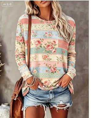 Printed Floral Shirt - Kadın Uzun Kollu Tişört Pastel Patchwork