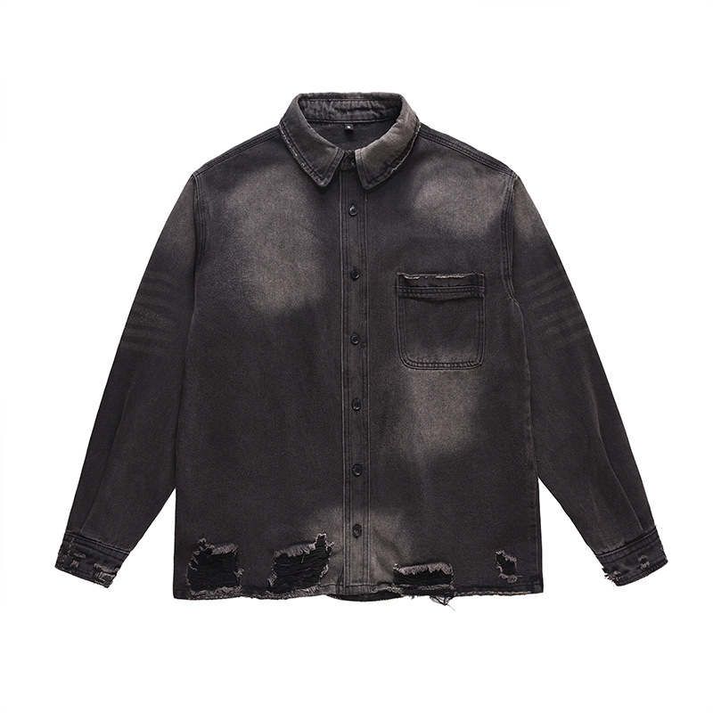 Vintage Fashion Jeans - Erkek High Street Yırtık Kot Ceket
