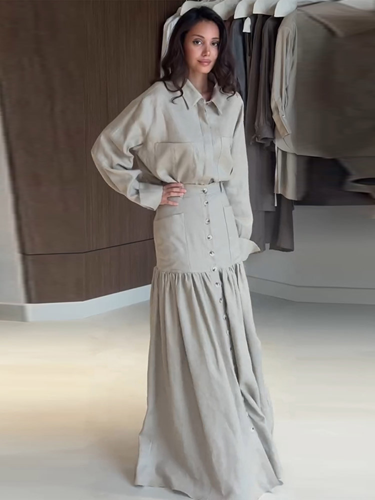 Vintage Fashion Outfits Men - Vintage Düz Renk Gömlek Etek Kadın
