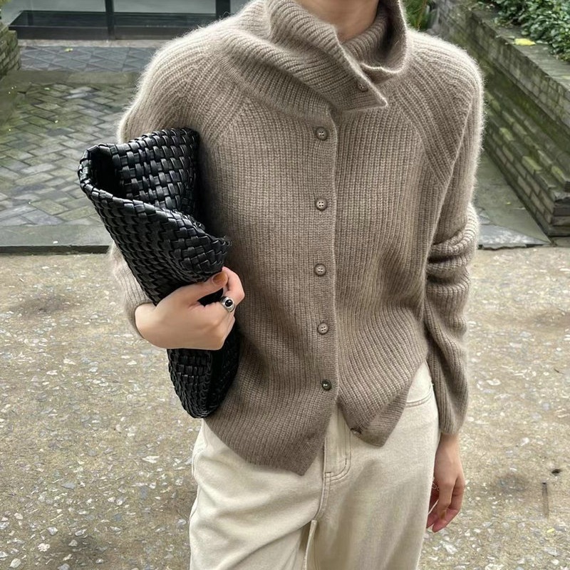 Crop Cardigan Vintage - Kadın Stand Yaka Hırka Kazak Zarif