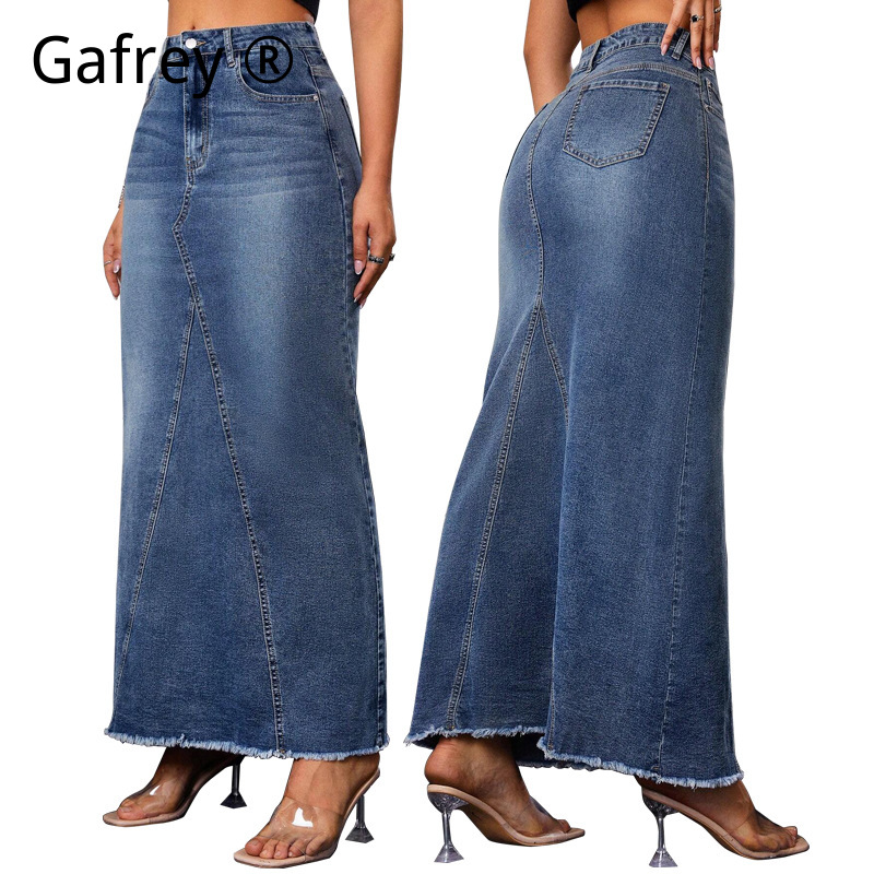 Vintage Fashion Jeans - Kadınlar İçin Kot Midi Etek Yüksek