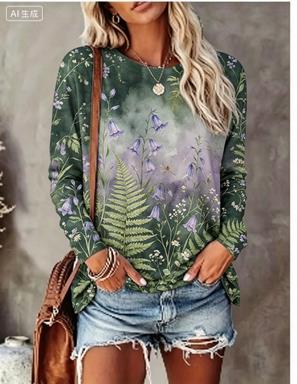 Printed Floral Shirt - Kadın Uzun Kollu Tişört Degrade Arka