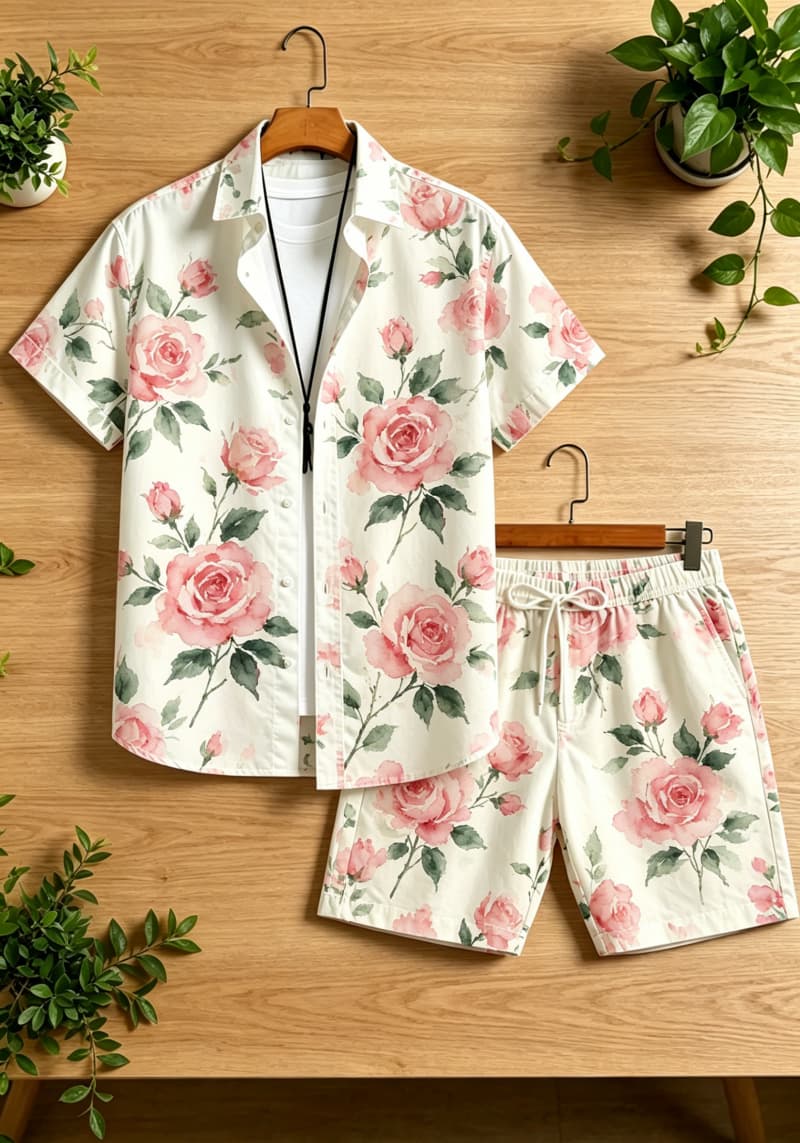 Printed Floral Shirt - Suluboya Çiçek Desenli erkek iki parçalı