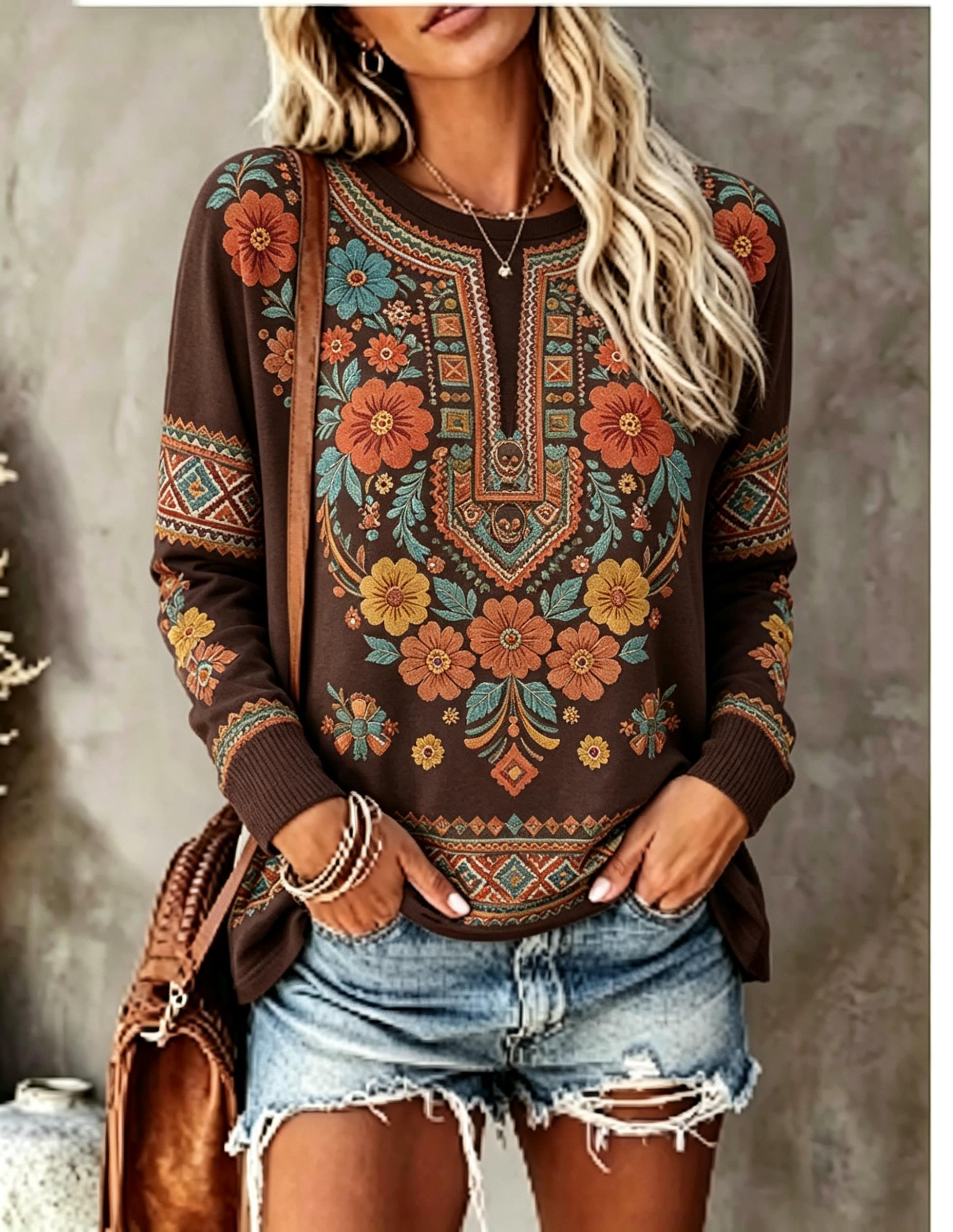 Kadın Bisiklet Yaka Uzun Kollu - Printed Floral Shirt incelemesi ve fiyatı