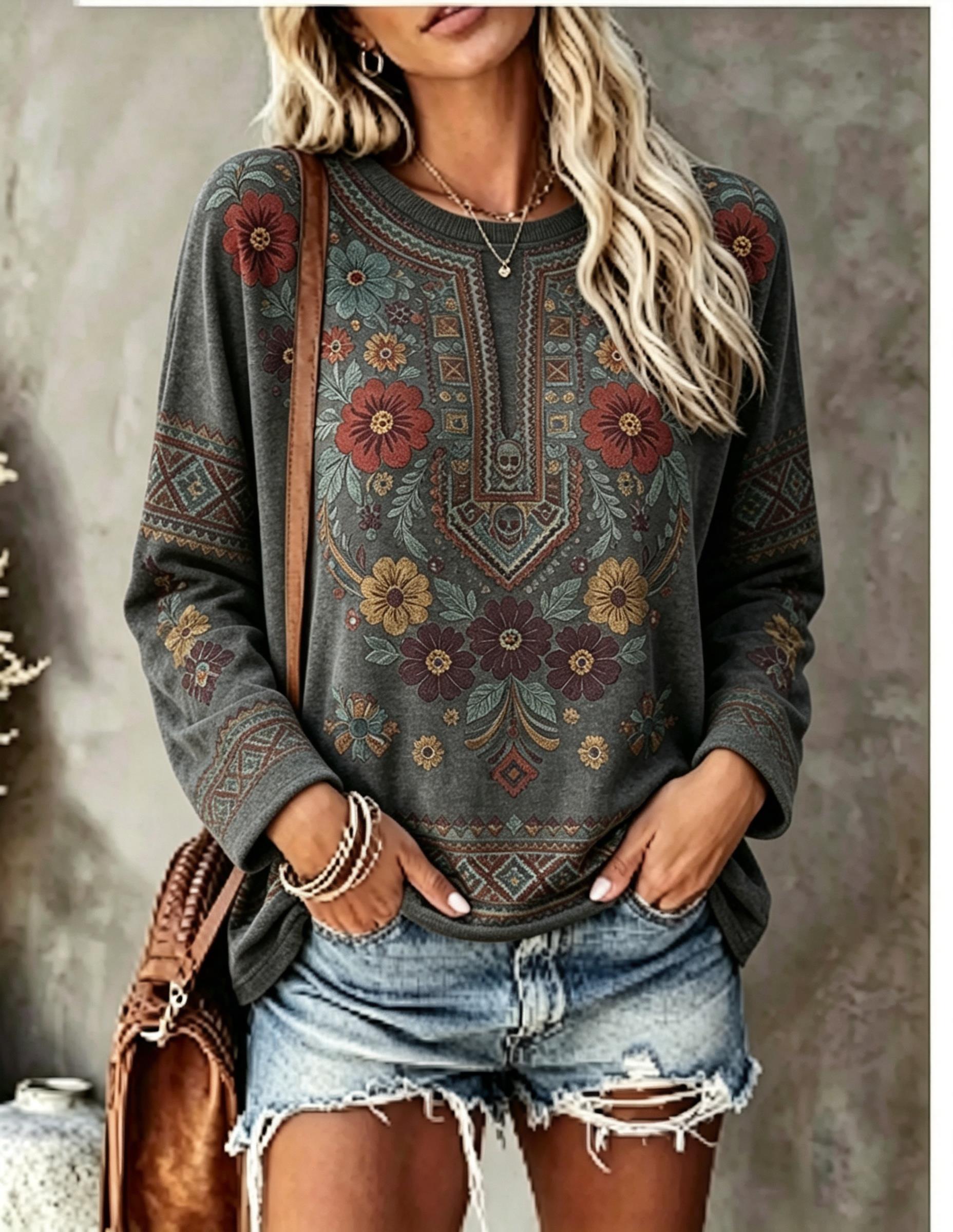 Kadın Bisiklet Yaka Uzun Kollu - Printed Floral Shirt incelemesi ve fiyatı