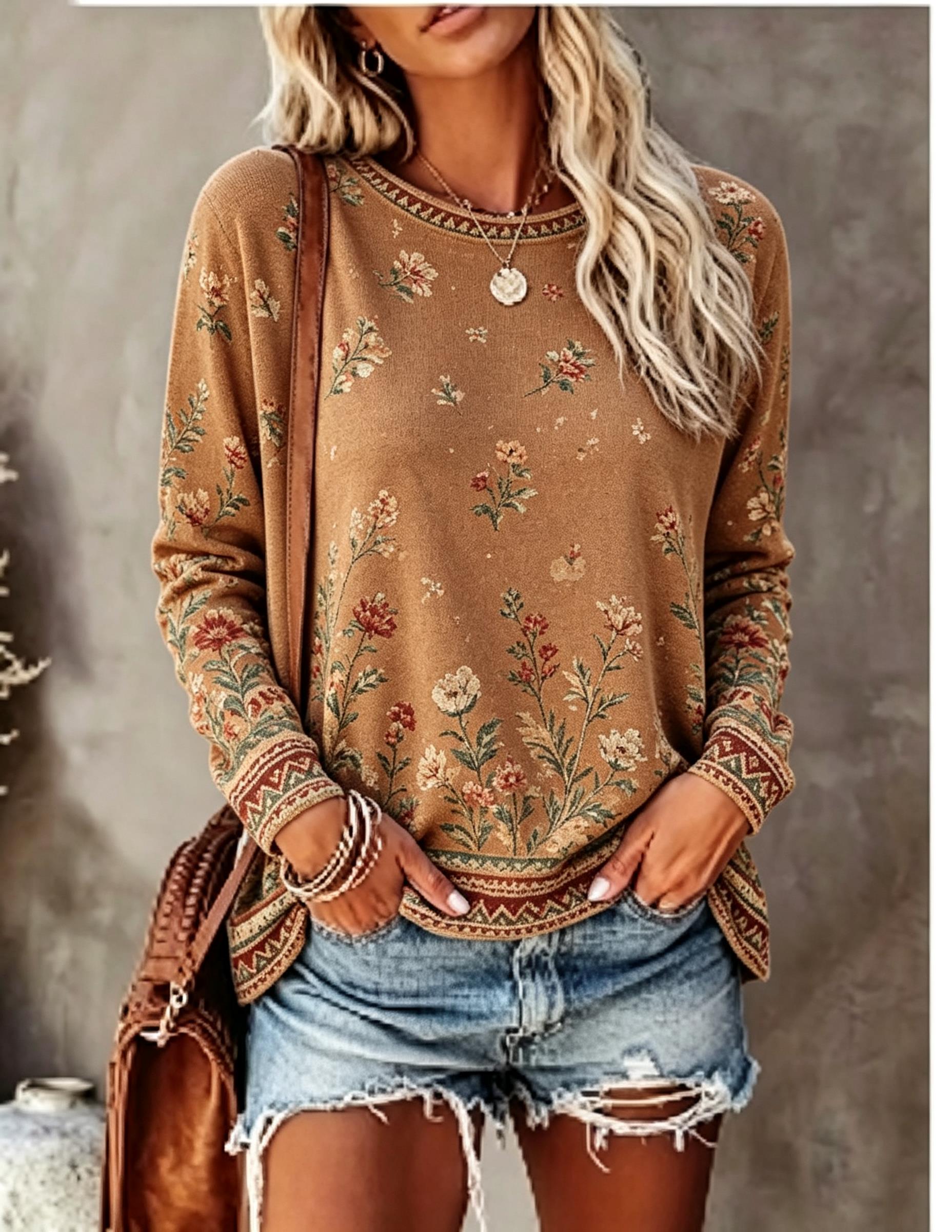 Kadın Bisiklet Yaka Uzun Kollu - Printed Floral Shirt incelemesi ve fiyatı