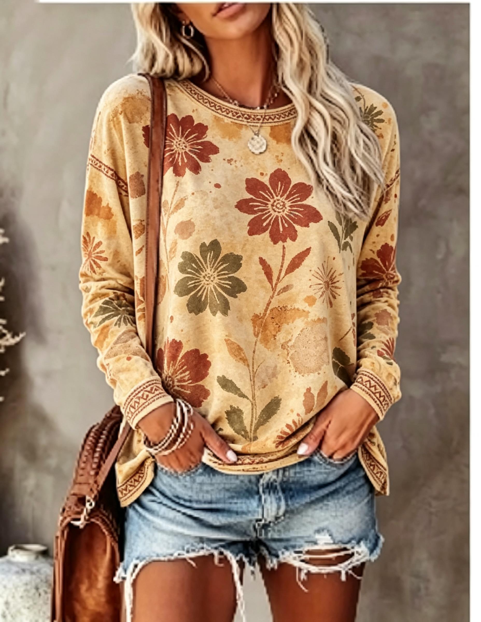 Kadın Bisiklet Yaka Uzun Kollu - Printed Floral Shirt incelemesi ve fiyatı