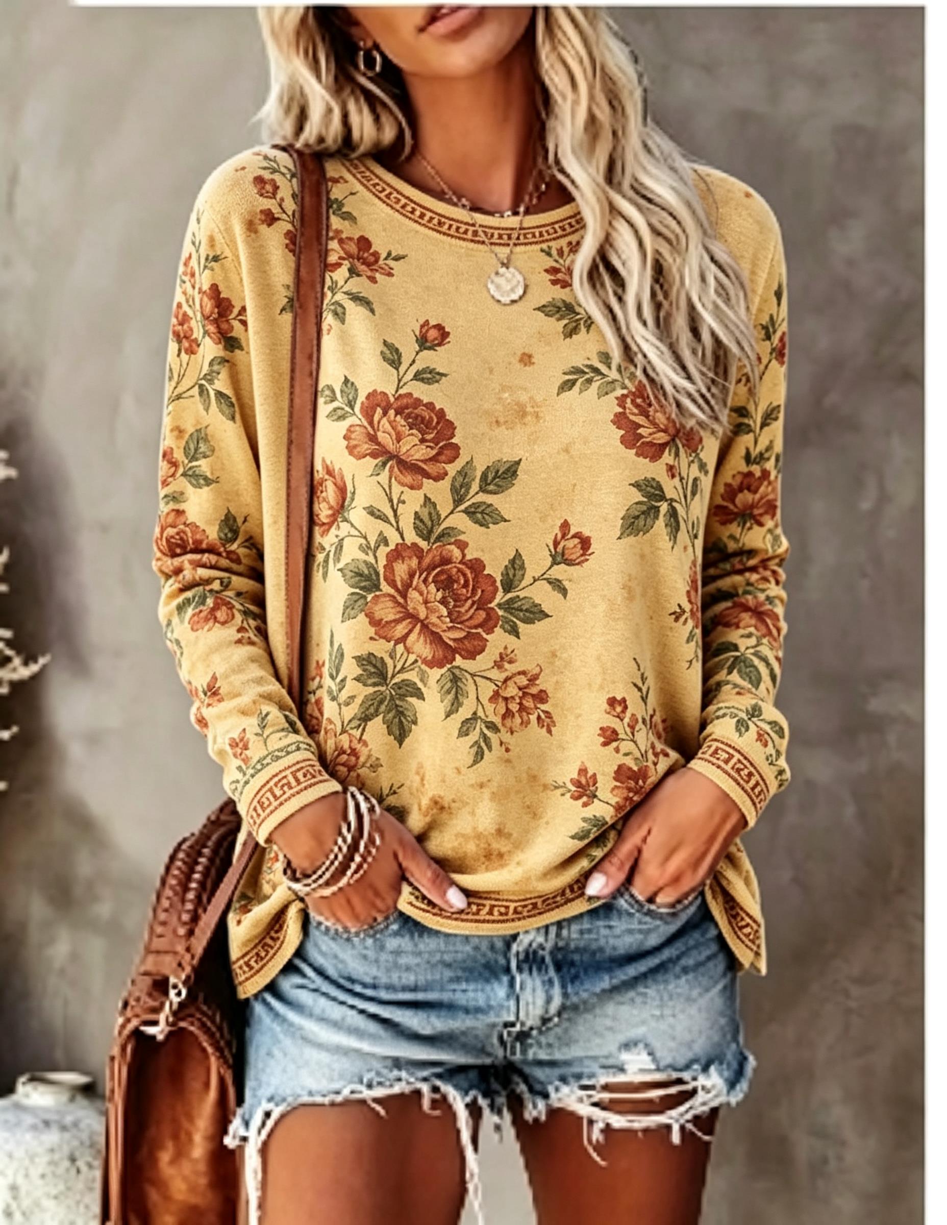 Kadın Bisiklet Yaka Uzun Kollu - Printed Floral Shirt incelemesi ve fiyatı